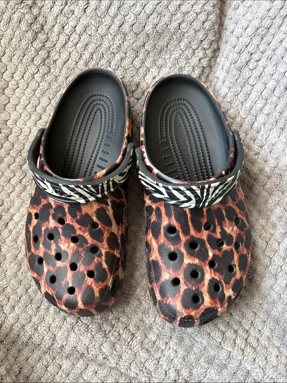CROCS Leopard Print Clogs with Black & White Zebra Strap